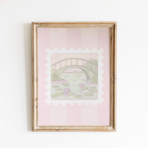 Lily Pond Bridge Art Pastel Stamp Garden Poster Monet Inspired Print