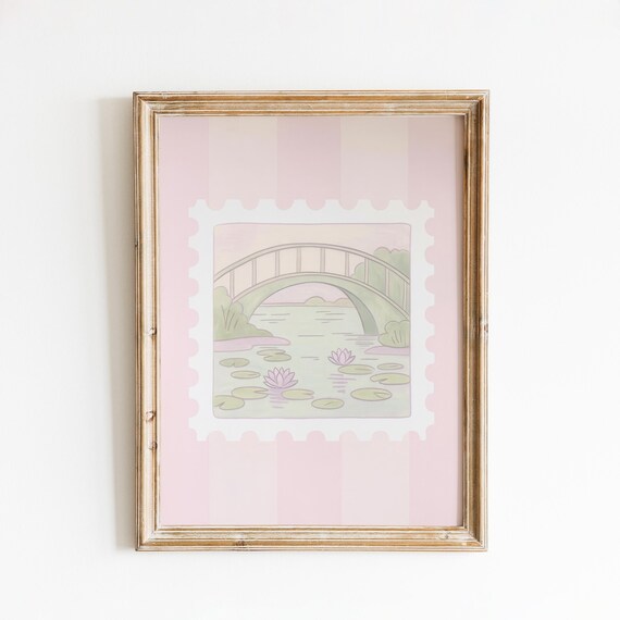 Monet Garden Bridge Water Lily Pond Pink Stripe Stamp Wall Art