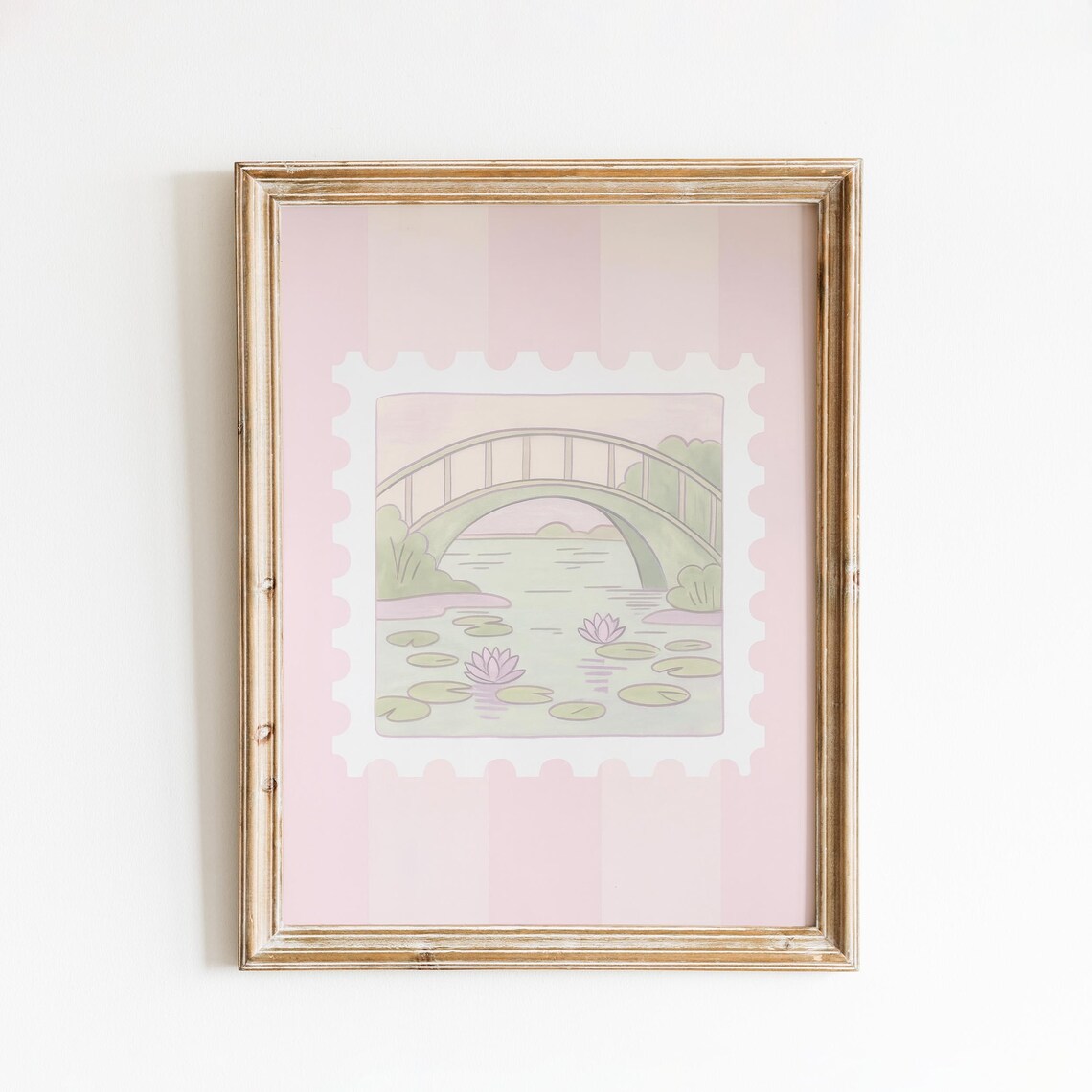 Monet Garden Bridge Water Lily Pond Pink Stripe Stamp Wall Art