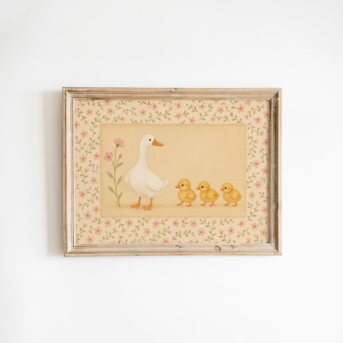 Duck And Ducklings Nursery Poster Vintage Floral Border Soft Pastel Art