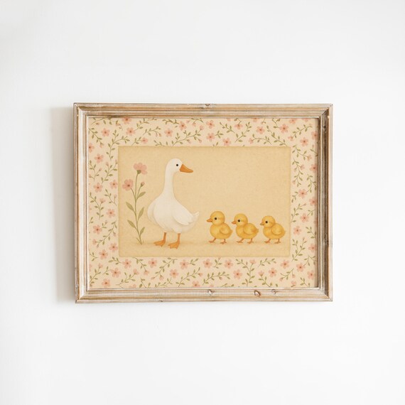 Duck And Ducklings Nursery Poster Vintage Floral Border Soft Pastel Art