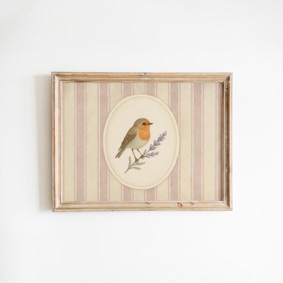 Robin On Lavender Sprig Vintage Bird Oval Nursery Wall Poster