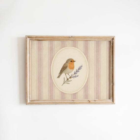 Vintage Robin And Lavender Bird Print Soft Striped Nursery Wall Art