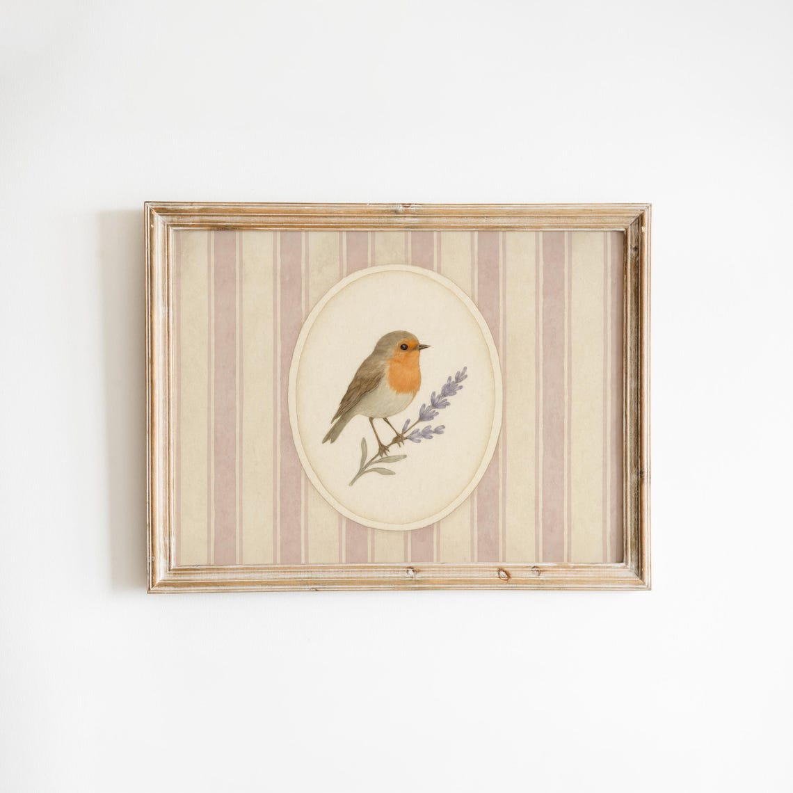 Robin On Lavender Sprig Vintage Bird Oval Nursery Wall Poster