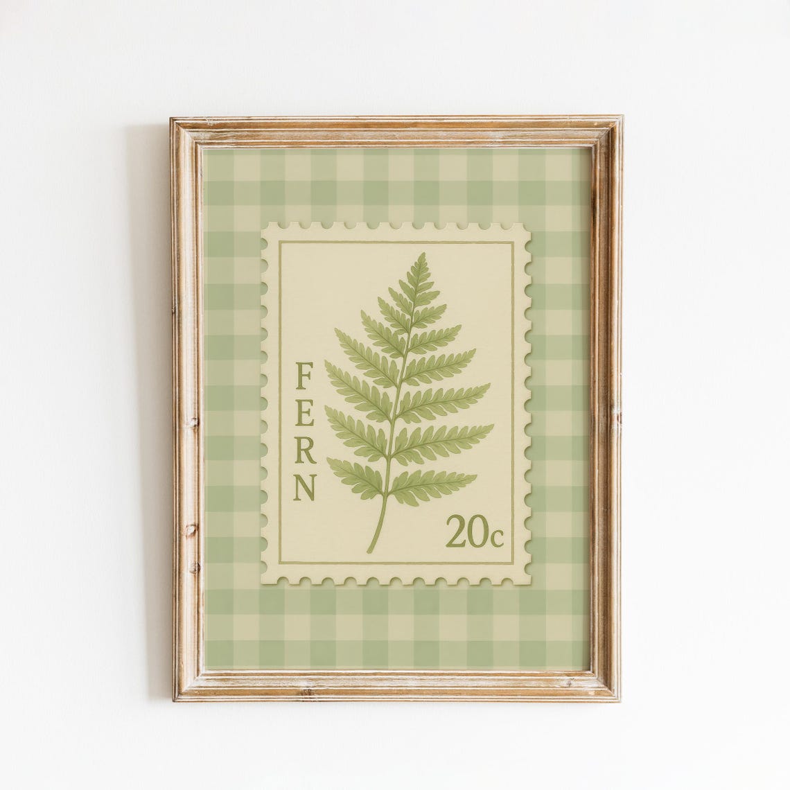 Fern 20c Postage Stamp Botanical Art on Green Gingham Poster