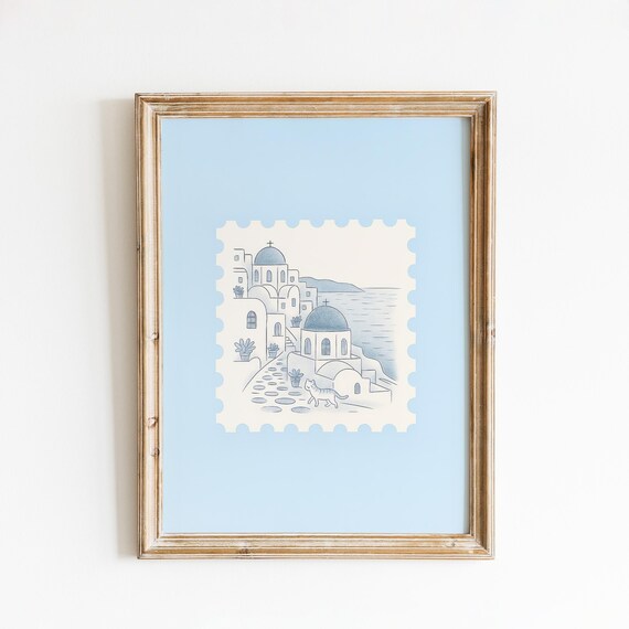 Santorini Greece Blue Dome Cat Island Travel Stamp Style Poster