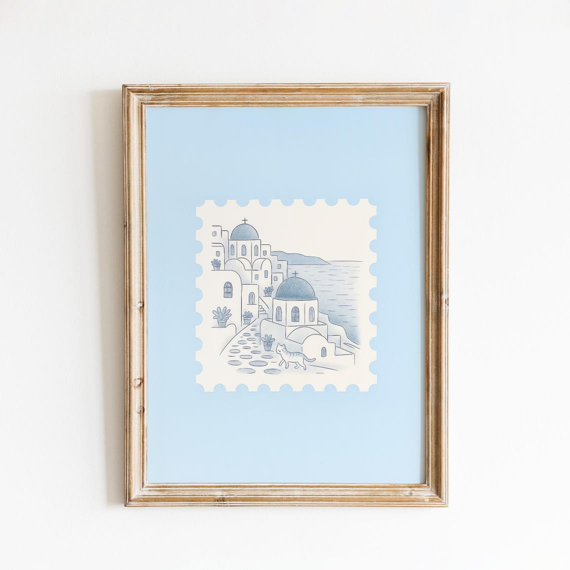 Santorini Greece Blue Dome Cat Island Travel Stamp Style Poster