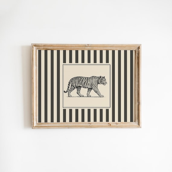 Tiger Vintage Illustration Striped Background Big Cat Rustic Wall Art