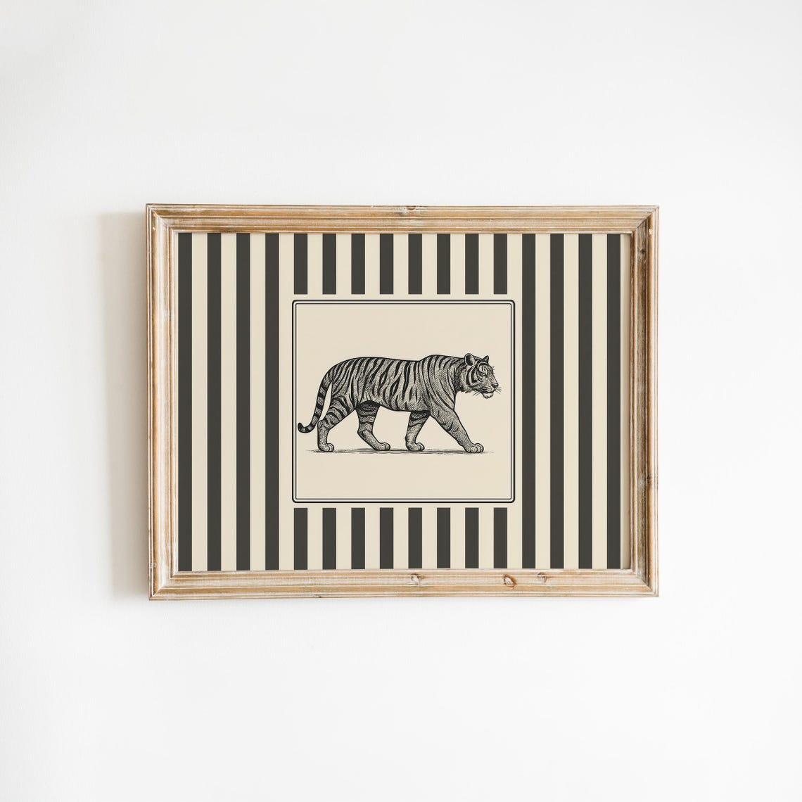 Tiger Vintage Illustration Striped Background Big Cat Rustic Wall Art