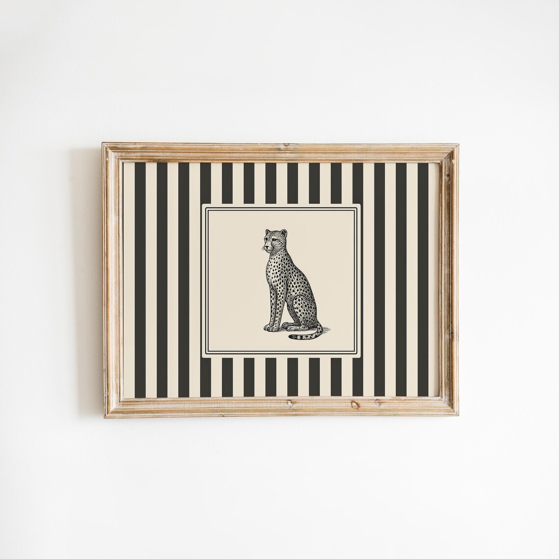 Cheetah Vintage Illustration Striped Background Big Cat Rustic Wall Art