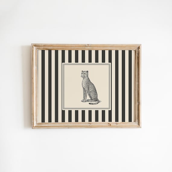 Cheetah Vintage Illustration Striped Background Big Cat Rustic Wall Art