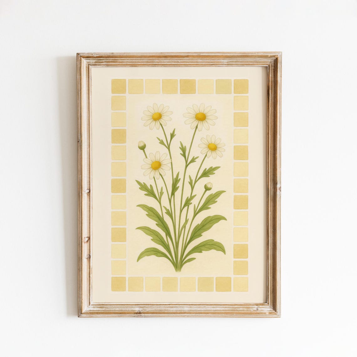 White Daisy Bouquet Vintage Tile Border Botanical Art Poster