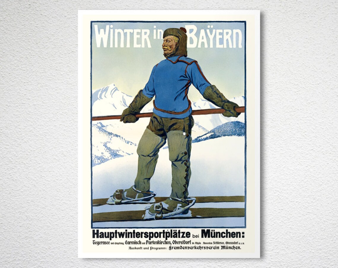 Winter in Bayern Vintage Ski Poster Bavaria Munich Snow Sports Art - Image 2