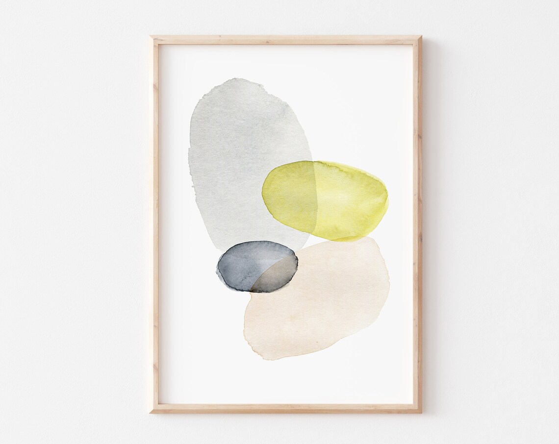 Minimalist Watercolor Abstract Shapes Soft Yellow Grey Wall Art