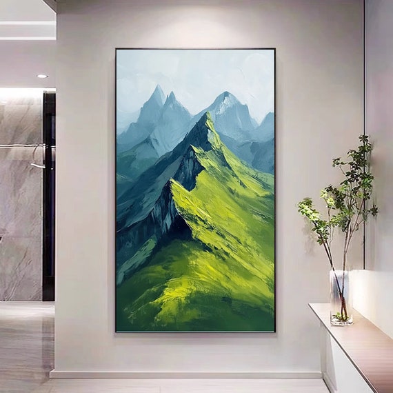 Hand Painted Abstract Oil Painting Green Mountain Landscape Modern Minimalist Style Textured Layered Art For Living Room Entryway