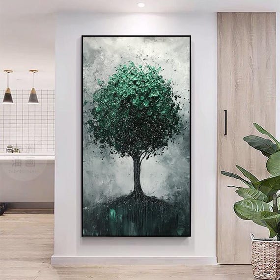Hand Painted Abstract Oil Painting Green Tree Minimalist Art For Living Room Entryway Dining Room