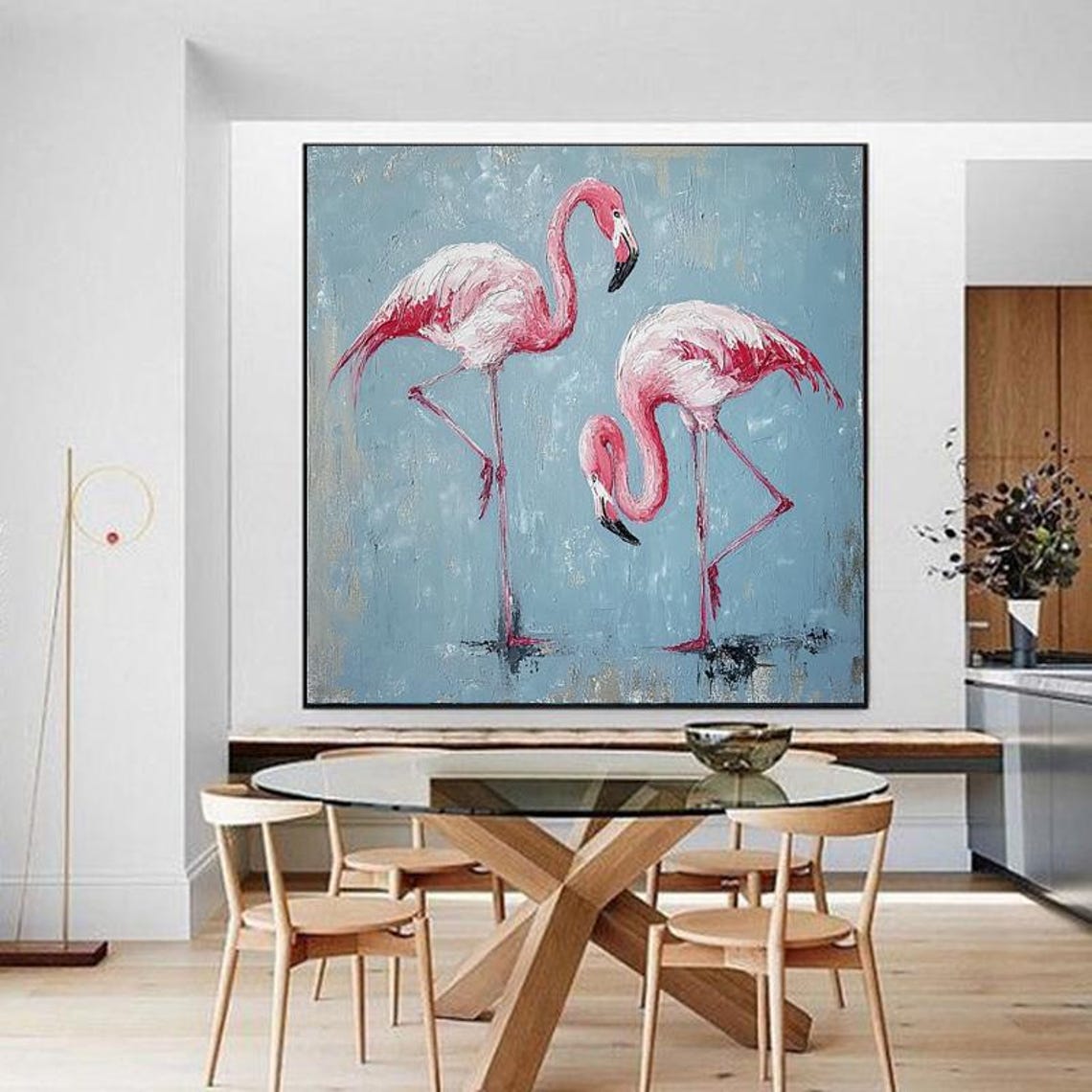 Two Pink Flamingos On Blue Grey Background Tropical Painting Poster