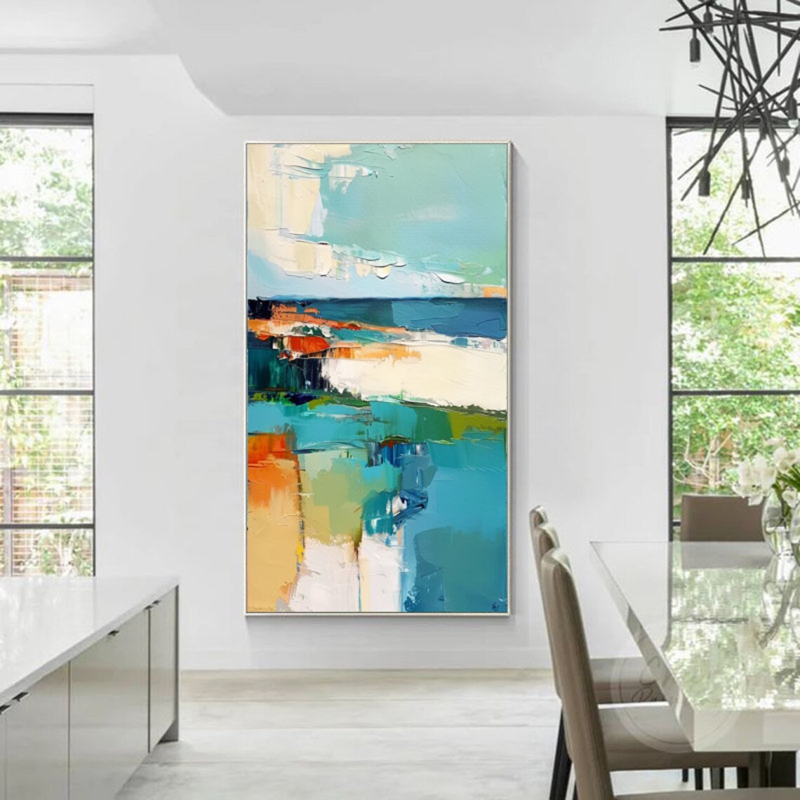 Teal Orange Abstract Landscape Blocks Vertical Painting Poster - Image 3