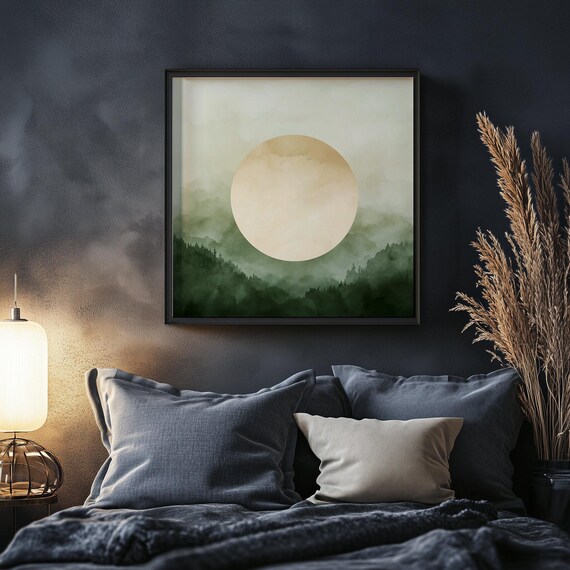 Green Beige Abstract Nature Inspired Wall Art Watercolor Forest Landscape Print For Home Decor