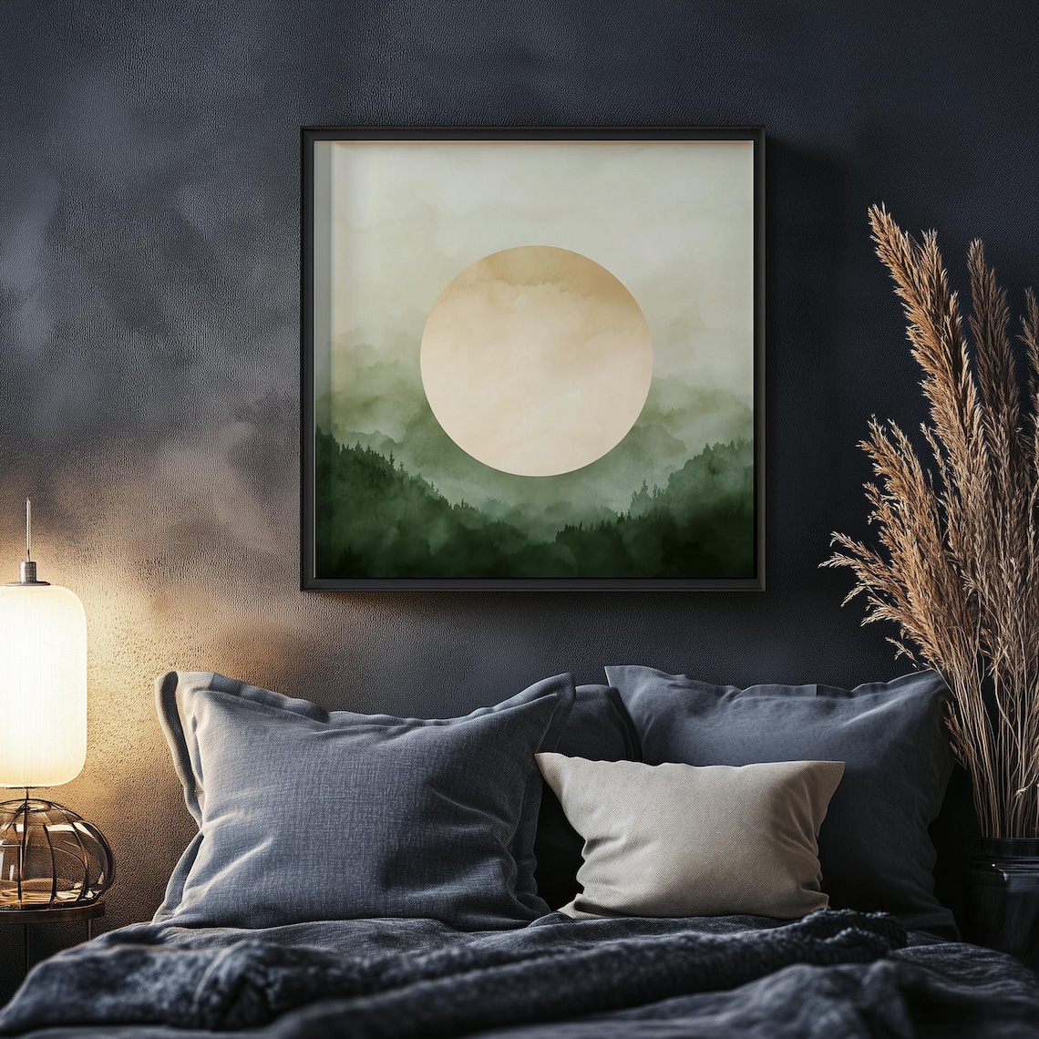Minimalist Moon Over Misty Green Forest Watercolor Calm Bedroom Poster