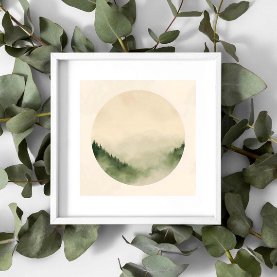 Minimalist Nature Inspired Wall Art Forest Landscape With Watercolor Circle For Home Decor