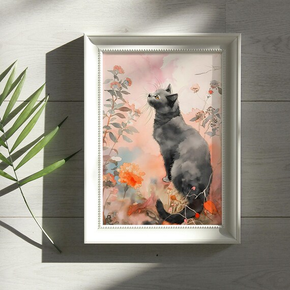 Grey Cat Sitting Among Watercolor Flowers Pink Orange Botanical Art Poster
