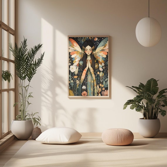 Praying Angel Illustration Angel Wall Art Greeting Card Design Boho Angel Home Decor Spiritual Housewarming Gift