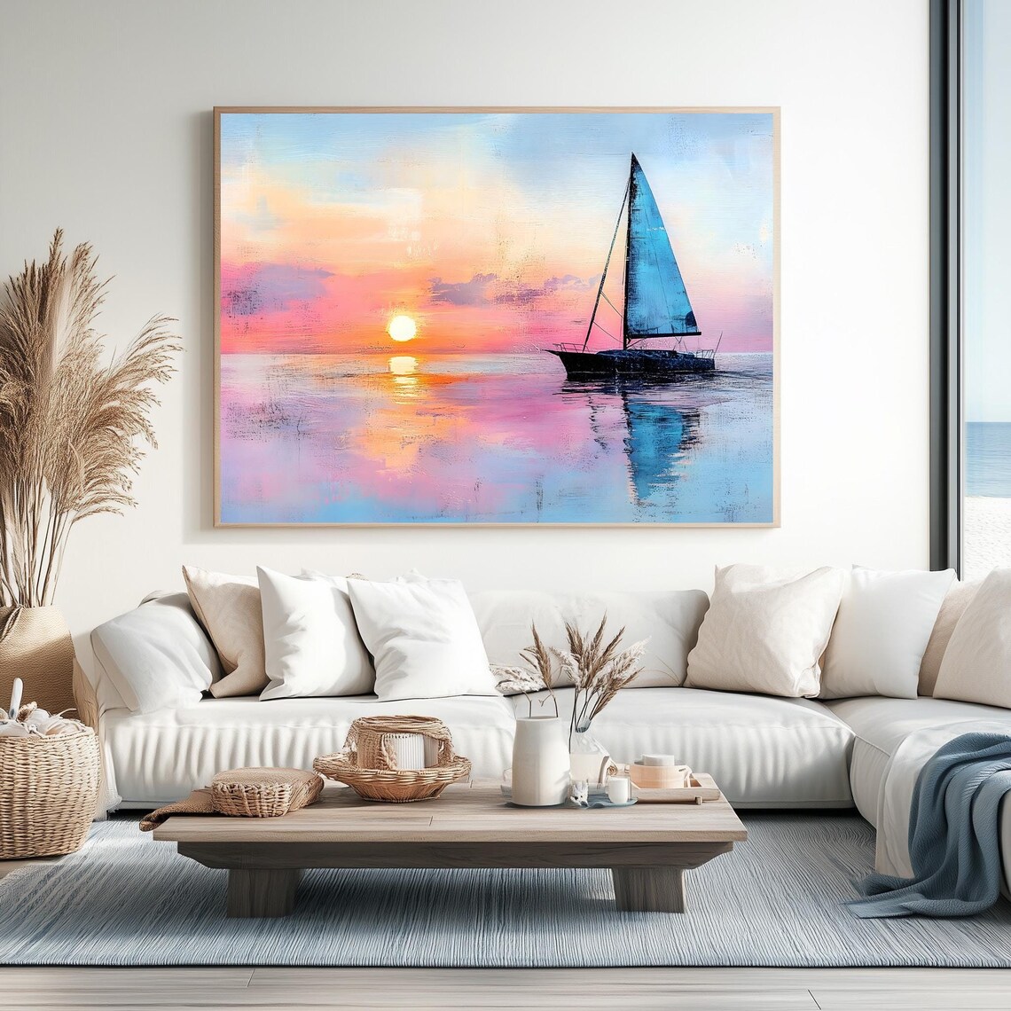 Sailboat At Pastel Pink Sunset Calm Sea Reflections Peaceful Coastal Poster