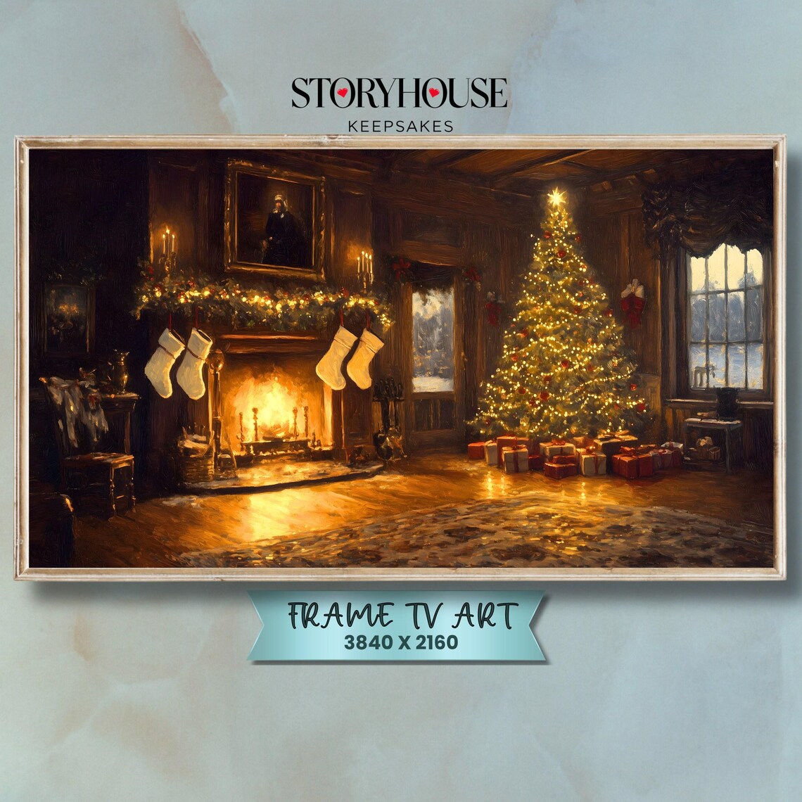 Cozy Christmas Living Room Fireplace Tree Painting Art Poster