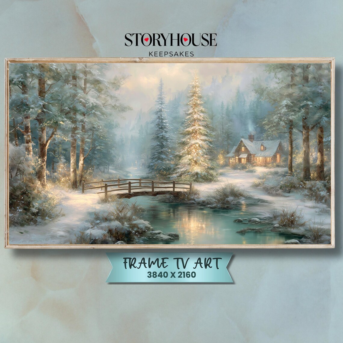 Snowy Forest Cabin Bridge Christmas Tree Painting Art Poster