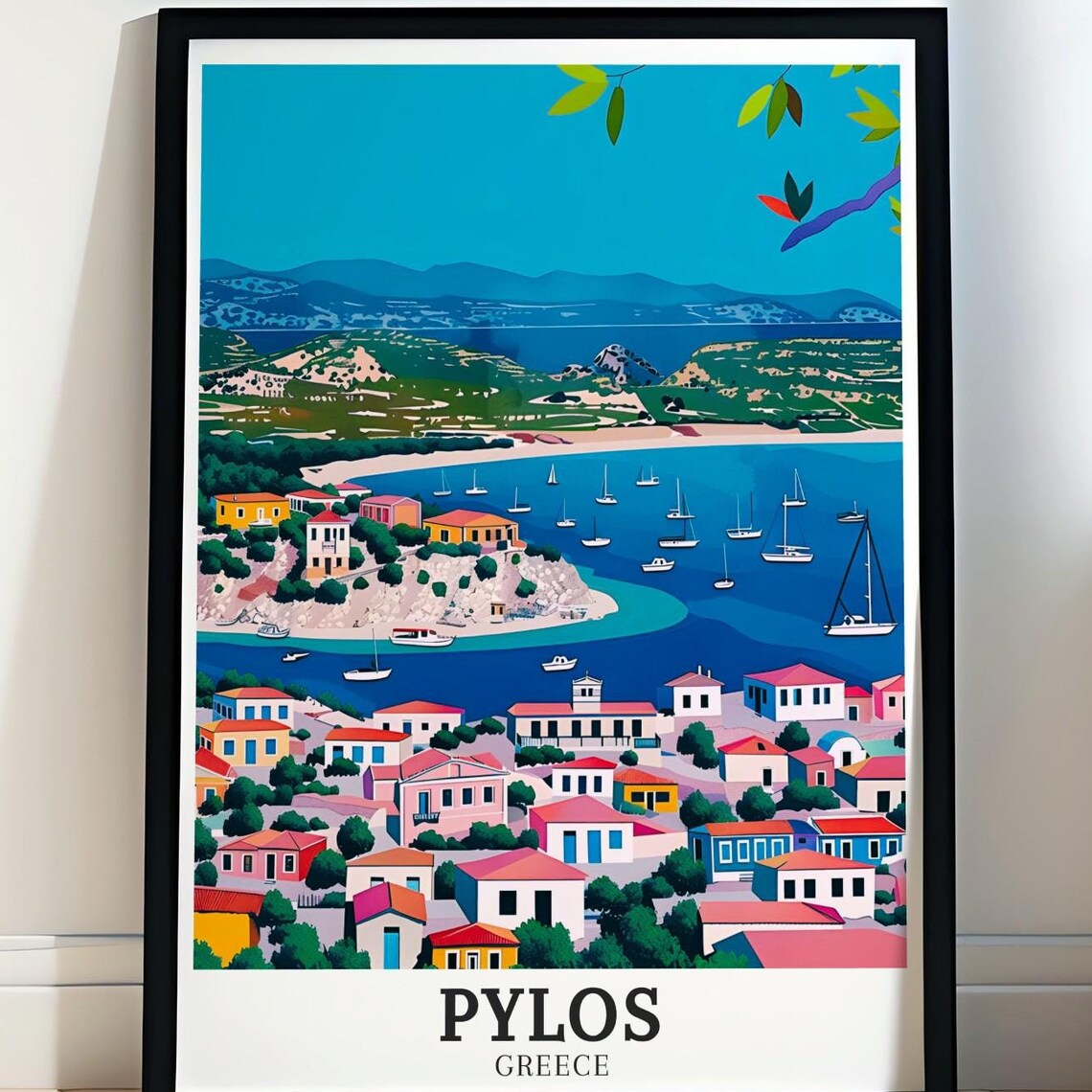 Pylos Greece Harbor Sailboats Colorful Coastal Town Travel Poster