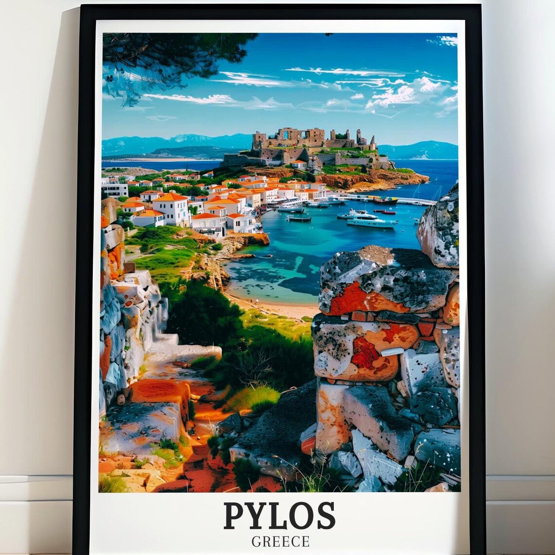 Pylos Greece Navarino Castle Ruins Over Blue Harbor View Poster