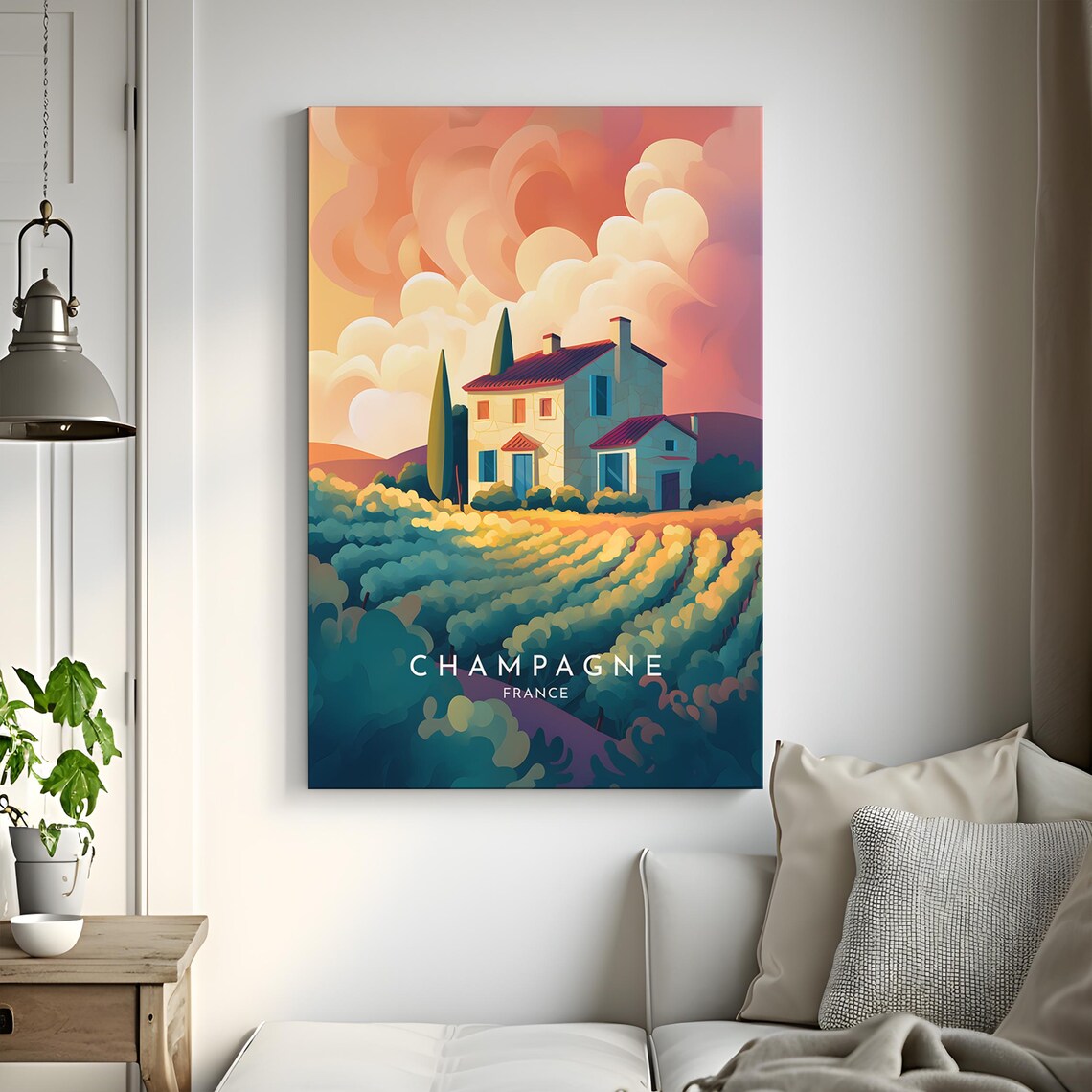 Champagne France Vineyard Farmhouse Sunset Countryside Travel Poster - Image 3