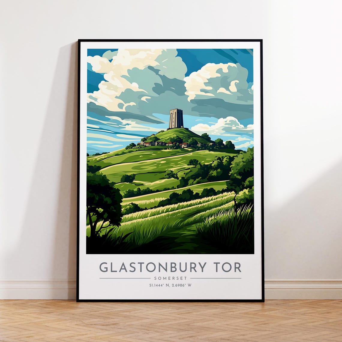 Glastonbury Tor Somerset Rolling Hills Historic Travel Poster