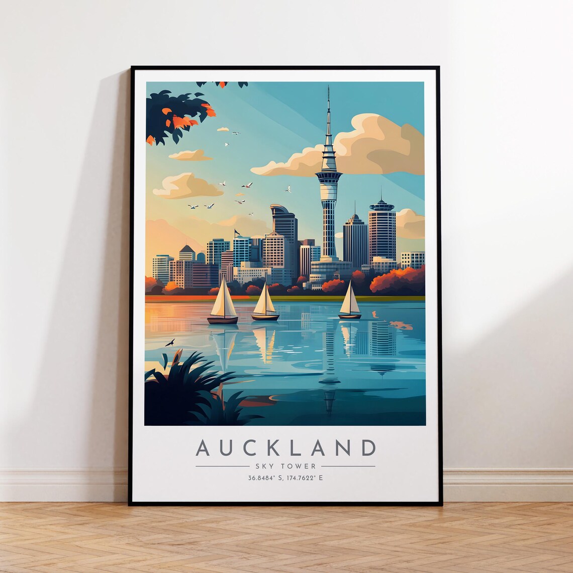 Auckland New Zealand Sky Tower Harbor Sailboats Sunset View Poster