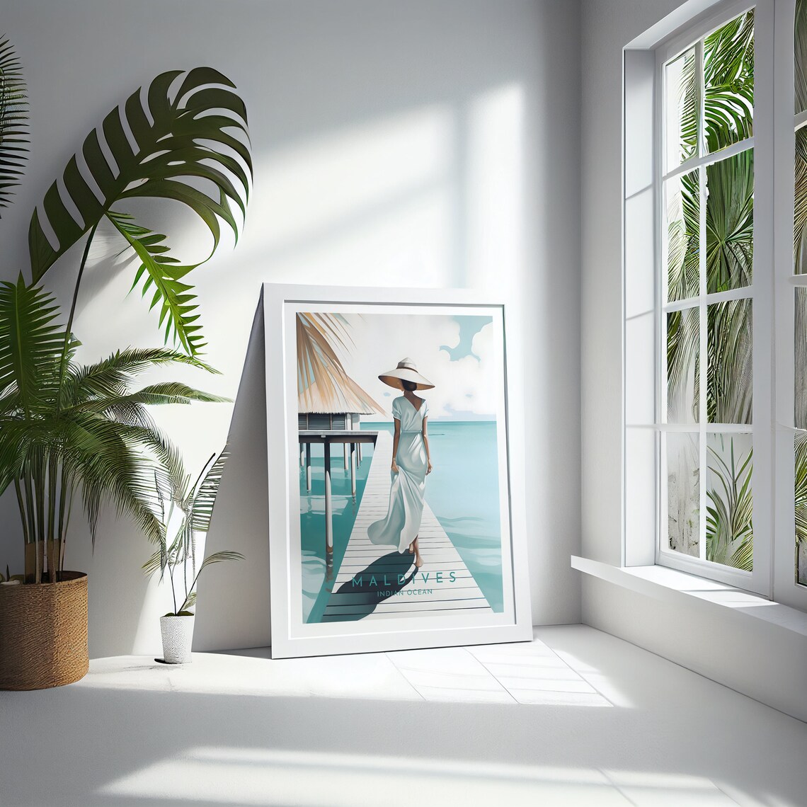 Maldives Indian Ocean Overwater Jetty Woman Sun Hat Scene Poster - Image 4