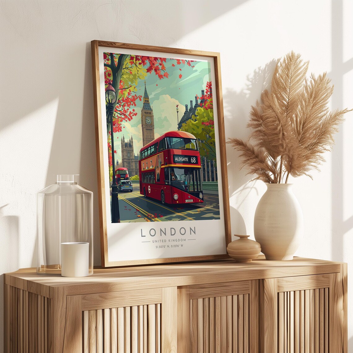 London Big Ben Red Double Decker Bus Autumn Leaves Travel Poster - Image 3
