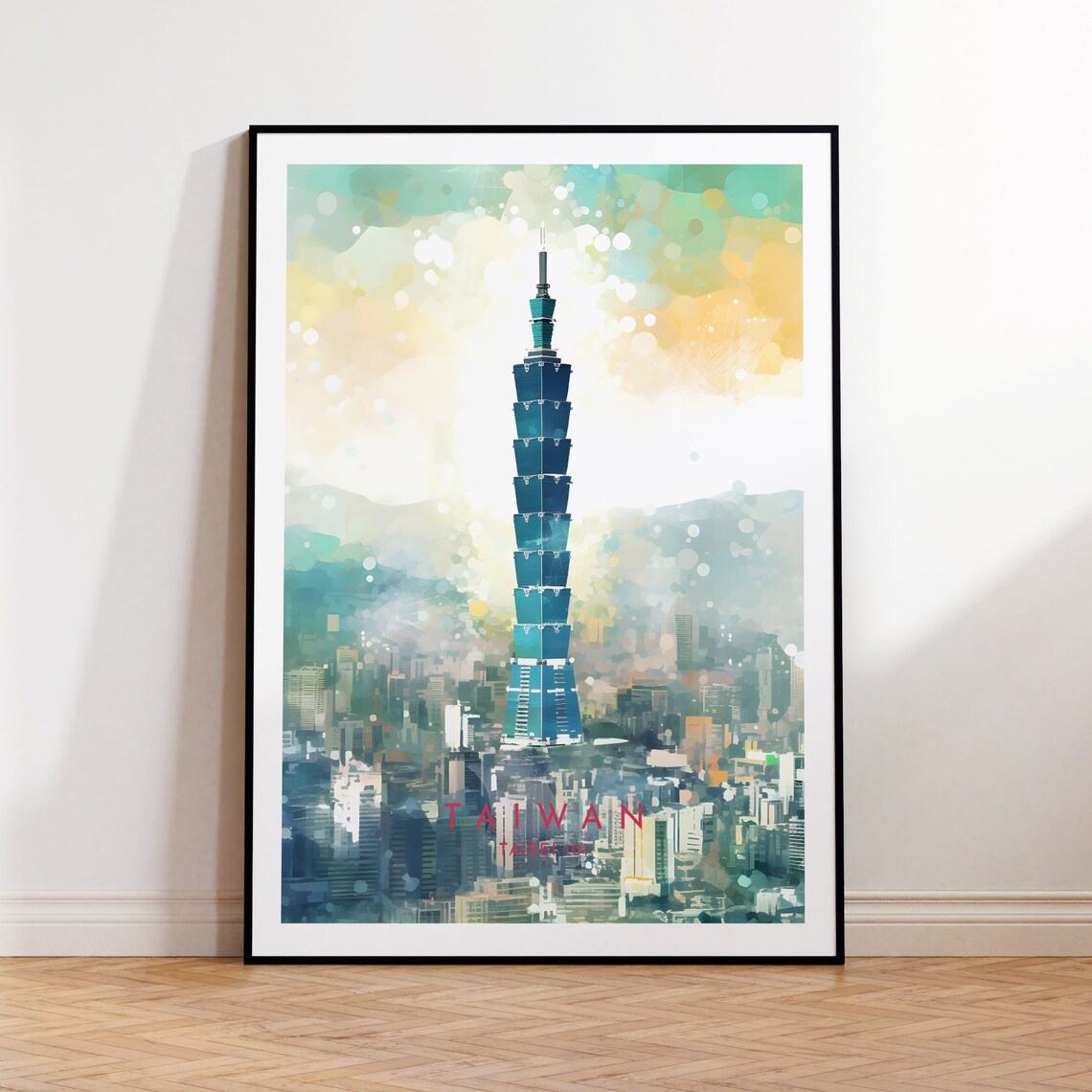 Taipei 101 Taiwan Daytime Skyline Bright Pastel Watercolor Poster
