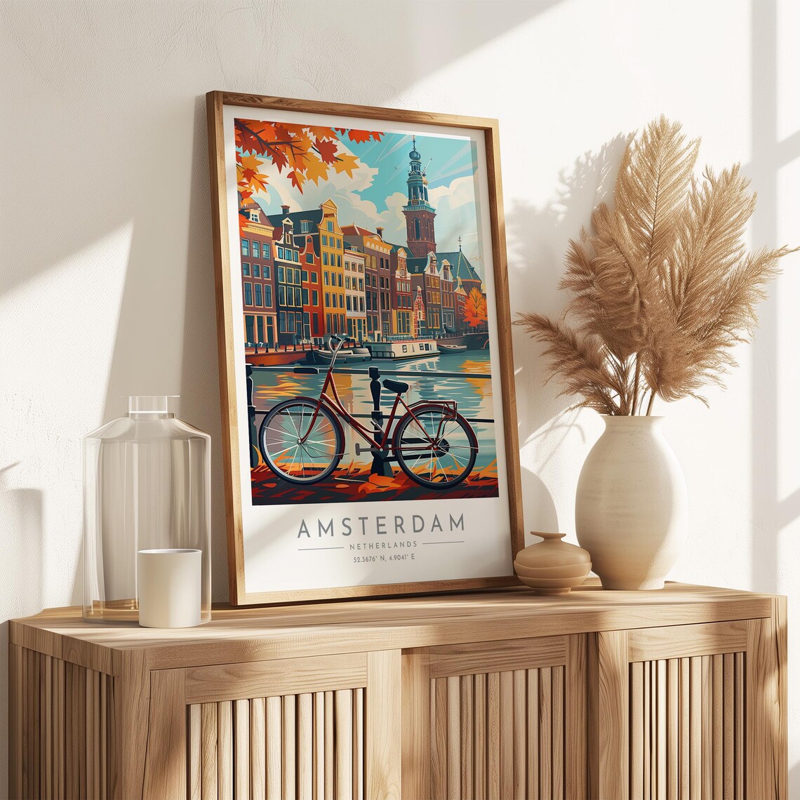 Amsterdam Netherlands Canal Bicycle Autumn Houses Waterway Poster - Image 3