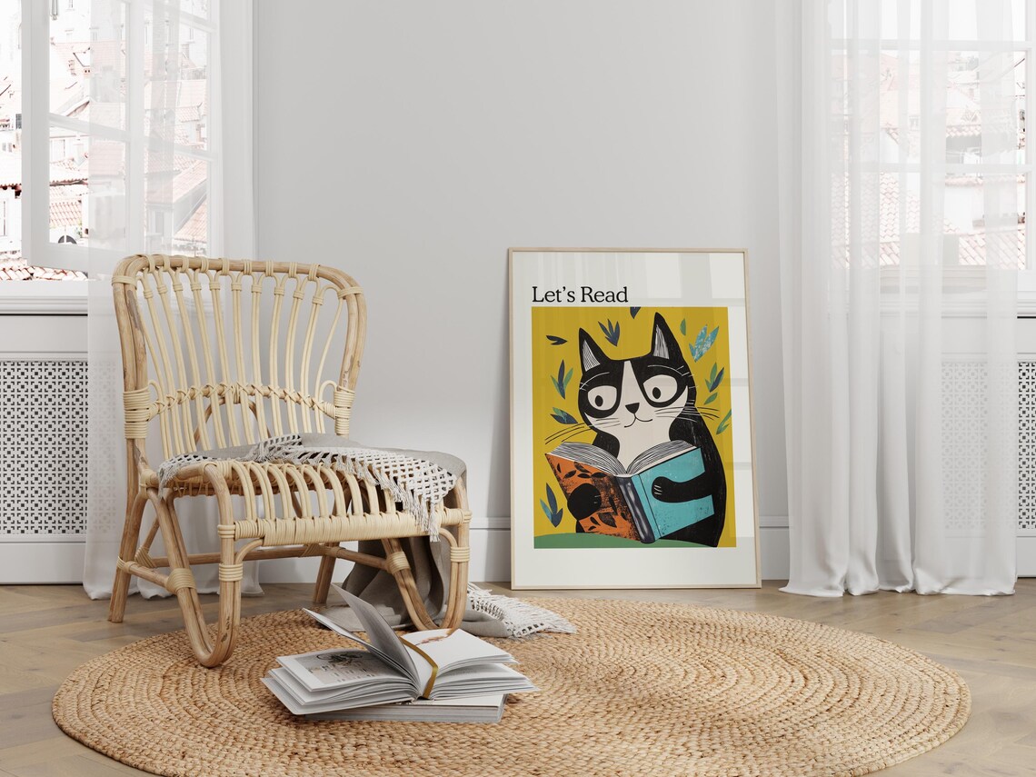 Kids Reading Poster, Retro Cat Reading Book - Image 3