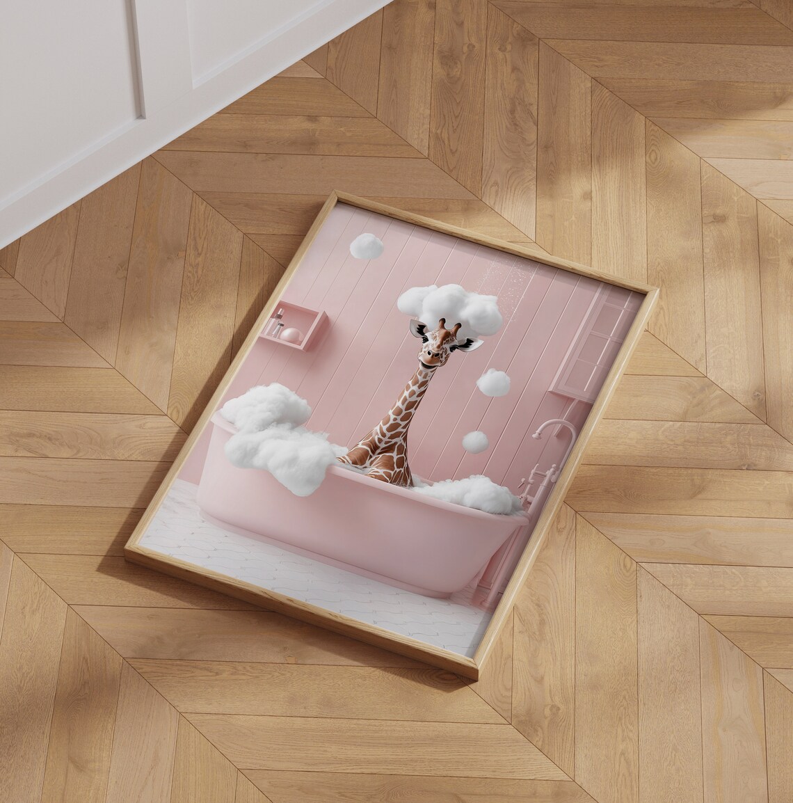 Cute Giraffe In A Bathtub, Pink Bathroom Funny Art - Image 6