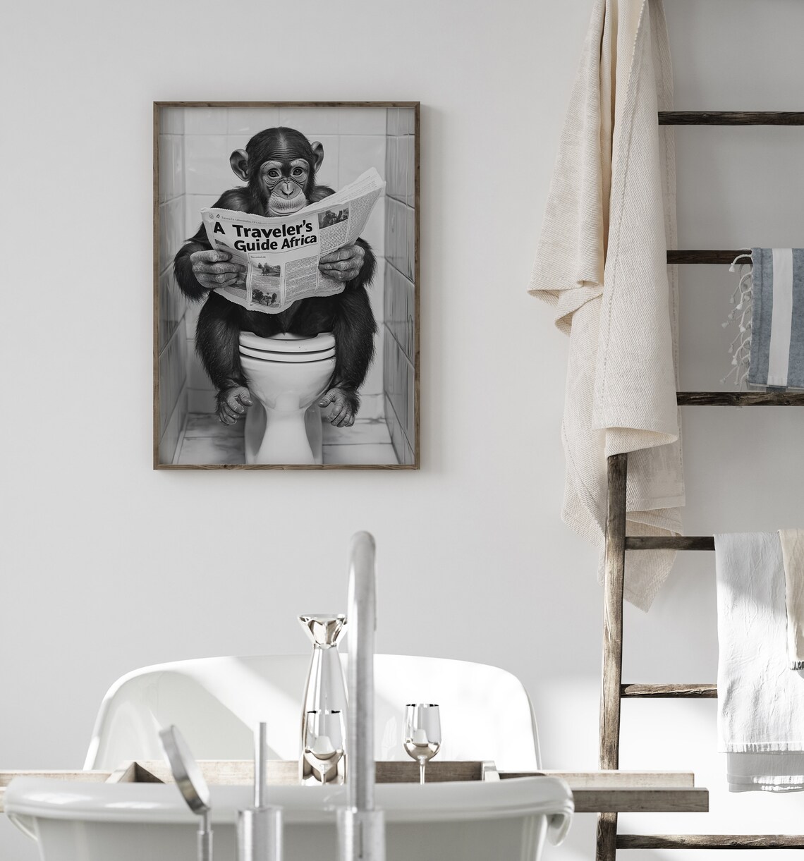 Monkey Sitting On The Toilet, Funny Bathroom Print - Image 4
