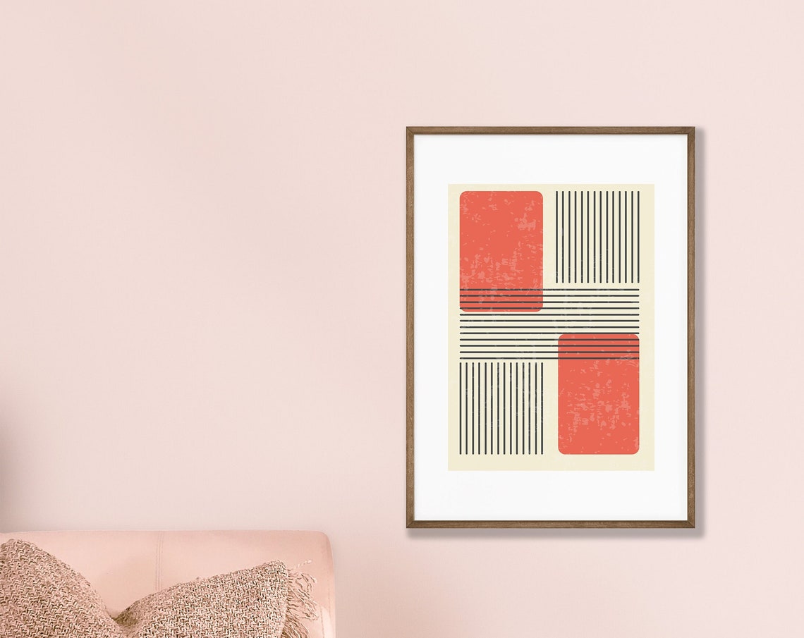 Mid Century Modern Abstract Geometric Red Pinstripe Wall Art