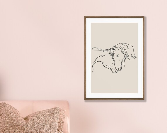 Two Horses Nuzzling Tender Minimalist Line Drawing Art Poster