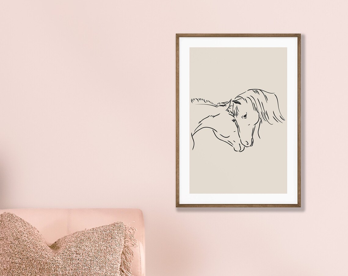 Two Horses Nuzzling Tender Minimalist Line Drawing Art Poster