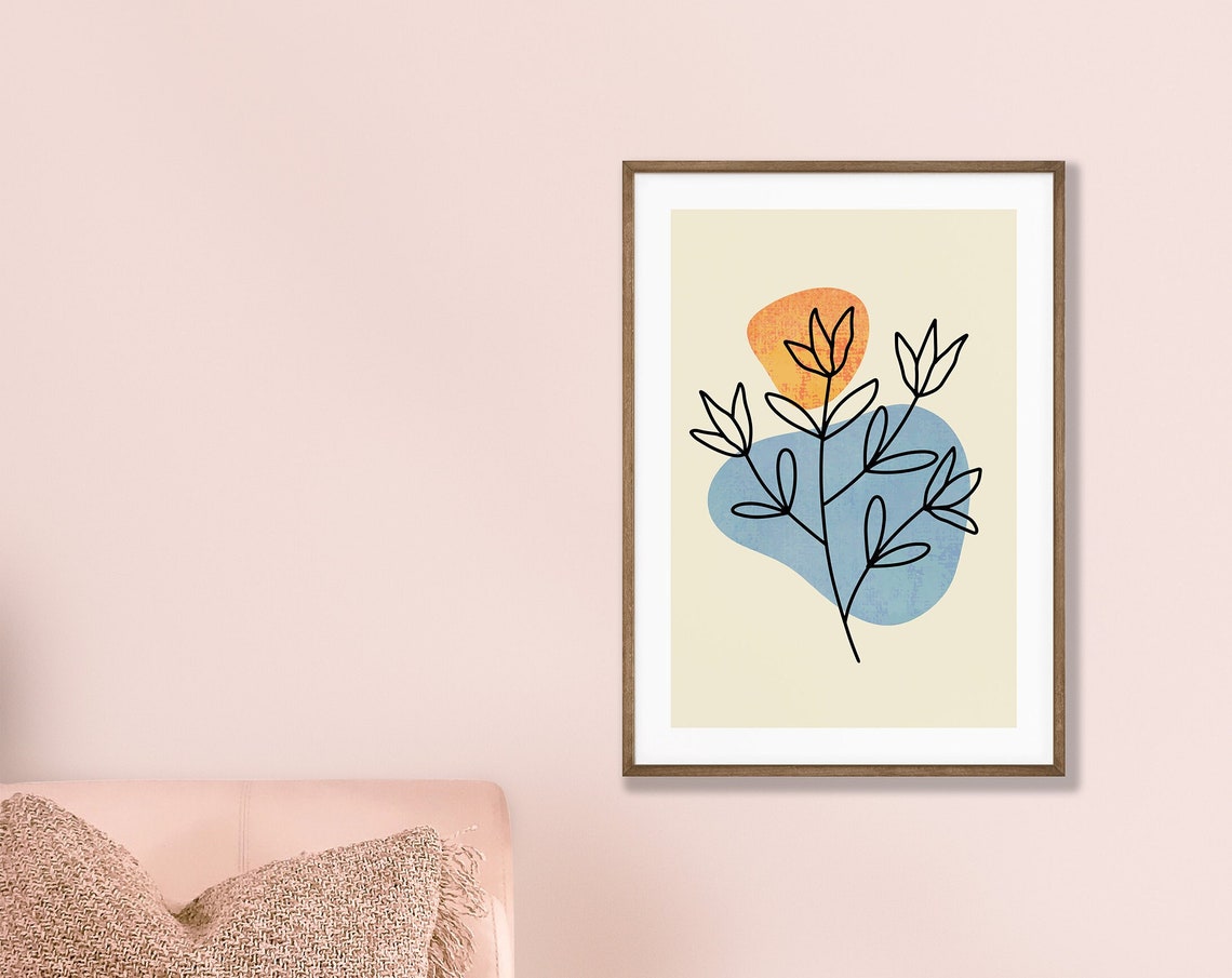 Botanical Line Art Sprig Over Orange Blue Abstract Shapes Poster