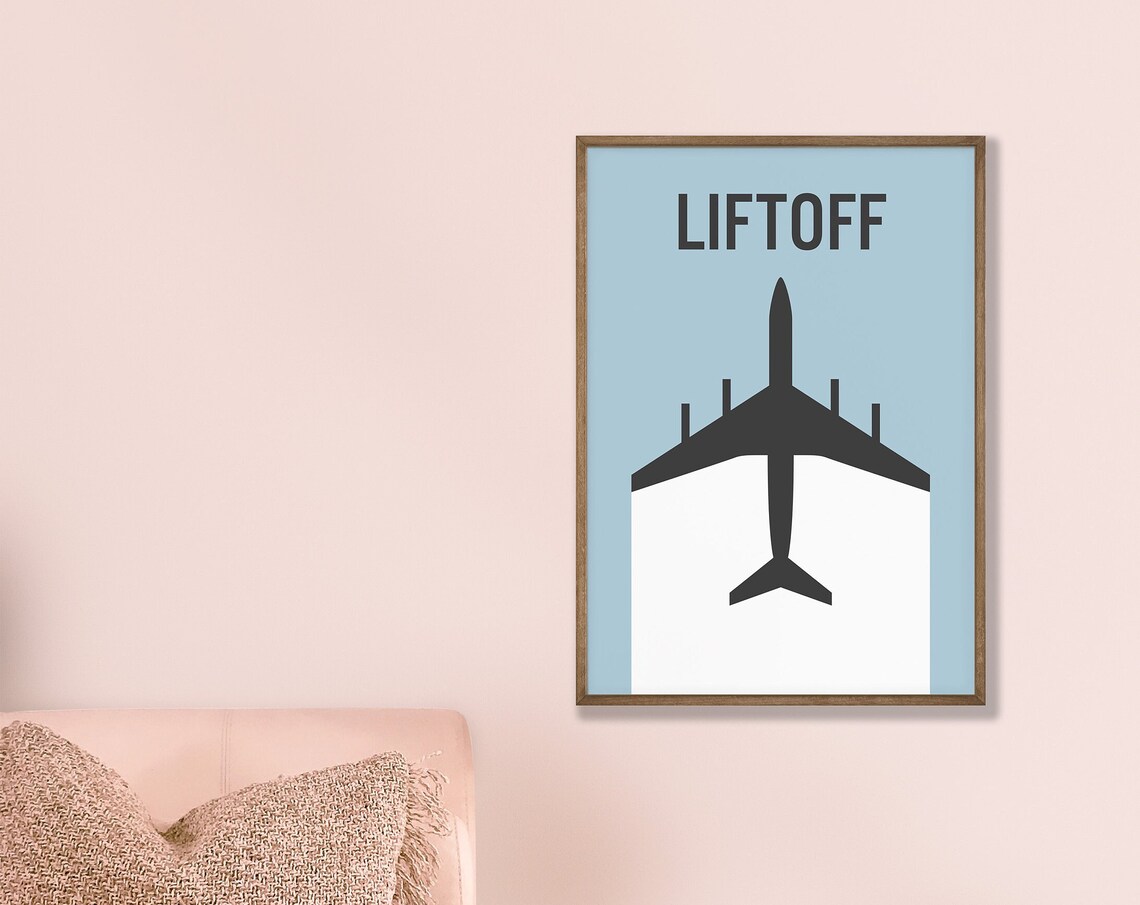 Liftoff Minimalist Airplane Silhouette Blue Travel Typography Poster