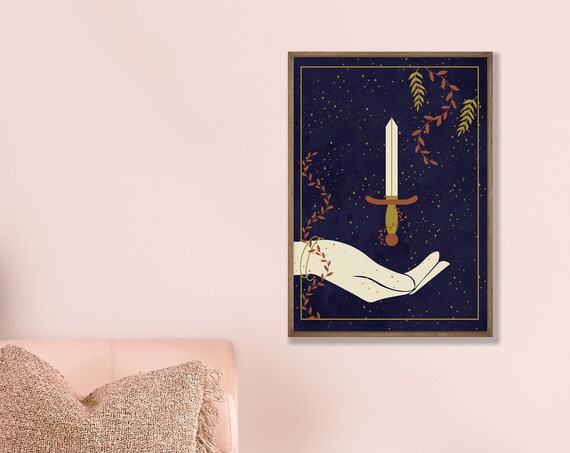 Mystic Sword Floating Above Hand Starry Night Fantasy Poster
