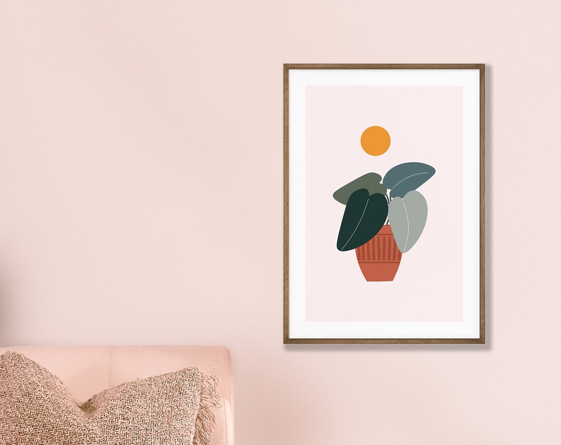 Terracotta Pot Leafy Plant Sun Minimalist Botanical Art Poster