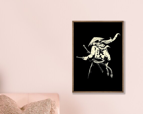 Samurai Warrior with Two Katanas Japanese Minimalist Ink Poster